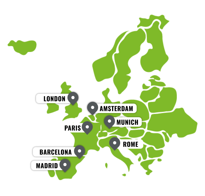 Map of cities where service is available: London, Paris, Amsterdam, Munich, Rome, Barcelona, Madrid